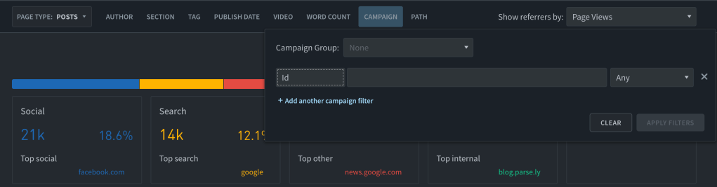 The Parse.ly Dashboard depicting the Campaign filter on the Referrers tab.